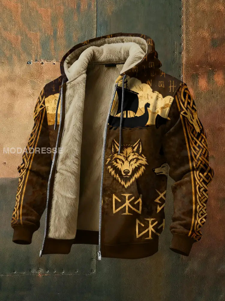 Mäns Vintage Viking Style Casual Fleece Hooded Jacka som bild / S