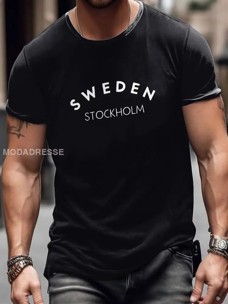 Mänsverige Stockholm Skriv ut Vintage Mode Kort ärm T-shirt S