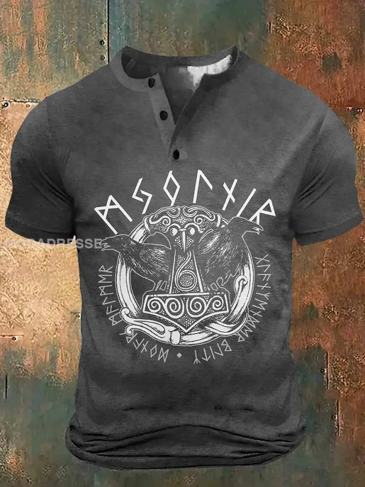 Menns Msorxir utskrift kunst med kort-ærme Henley hals T-shirt S
