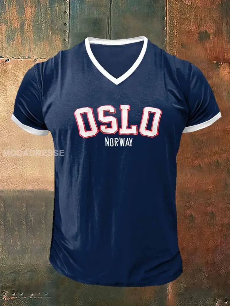 Menns Norge Oslo trykt Vintage Kort erm V-hals T-shirt S