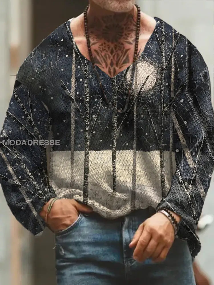 Menns retro blomsterkunst Print V-hals Langærme Genser fortykket øverst A / S
