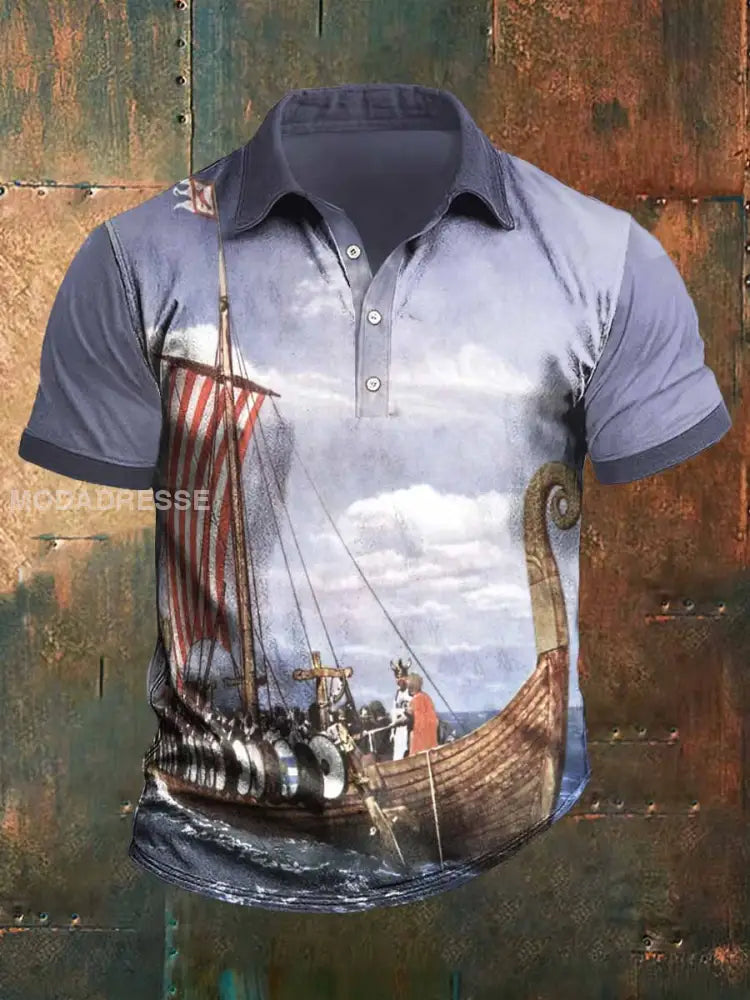 Menns viking lang skip Skriv ut Polo hals Kort erme T-shirt S
