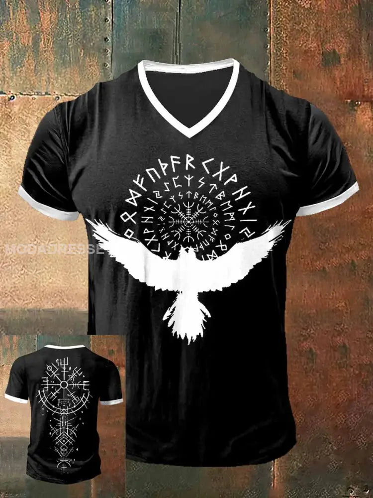 Menns vikinge ravn trykt på kort erme V-hals T-shirt S