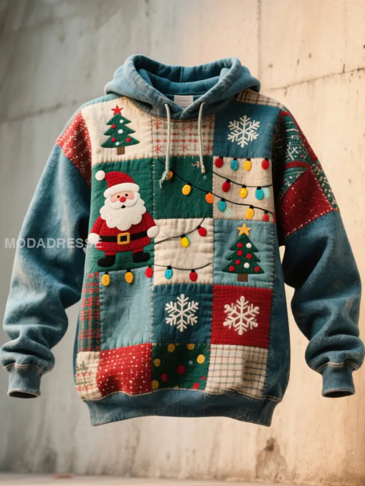 Men’s Christmas Inspired Patchwork Art Washed Hoodie As picture / S