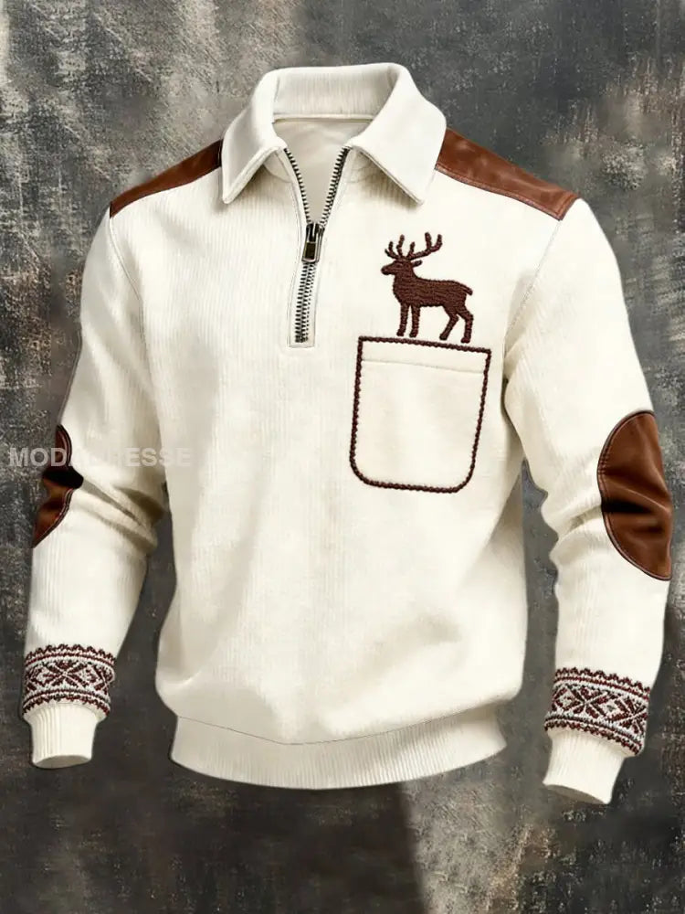Miesten Cozy Valkoinen poro tasku pohjoismainen neulet nahka-Accent Quarter-Zip Sweatshirt moniväri / S