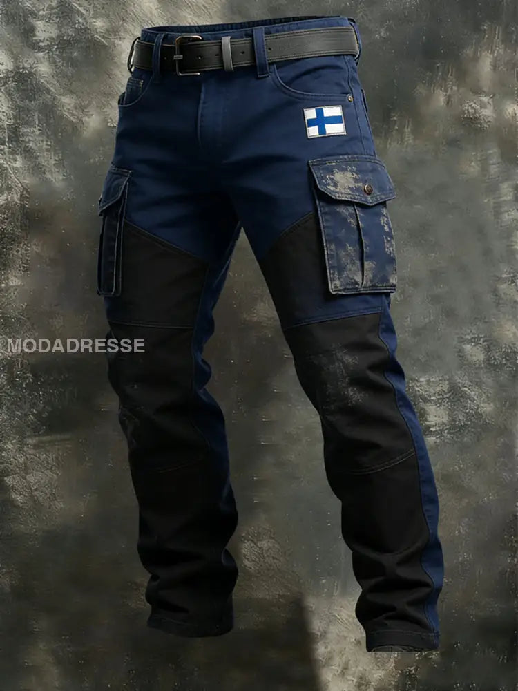Miesten kova laivasto-musta työväylä Suomen lippulastipöksyt moniväri / S