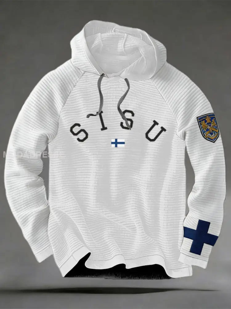 Miesten puhdas valkoinen ’SISU’ suomalainen Lion Crest Hoodie. moniväri / S