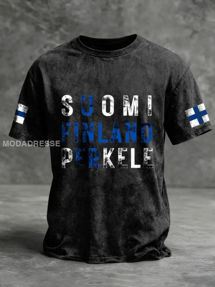 Miesten rohkea musta ’SUOMI FINLAND PERKELE’ Graafinen T-paiti moniväri / S