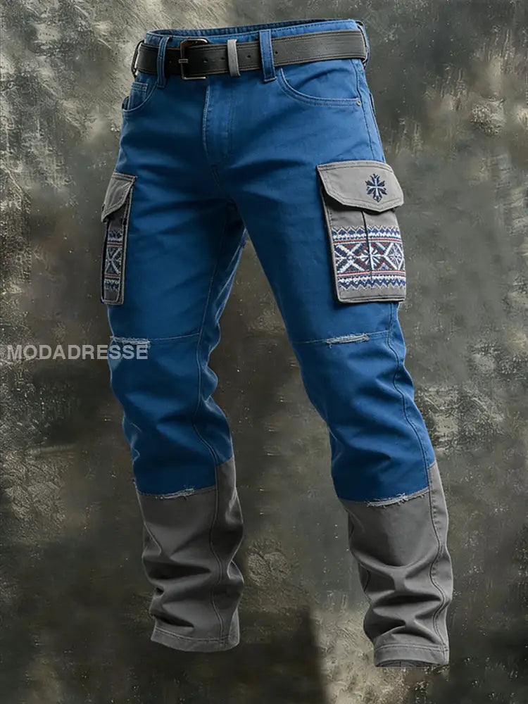 Miesten Rustic Blue-Harmaa Pohjoismainen Tribal Patch Cargo Housss (passThick) moniväri / S