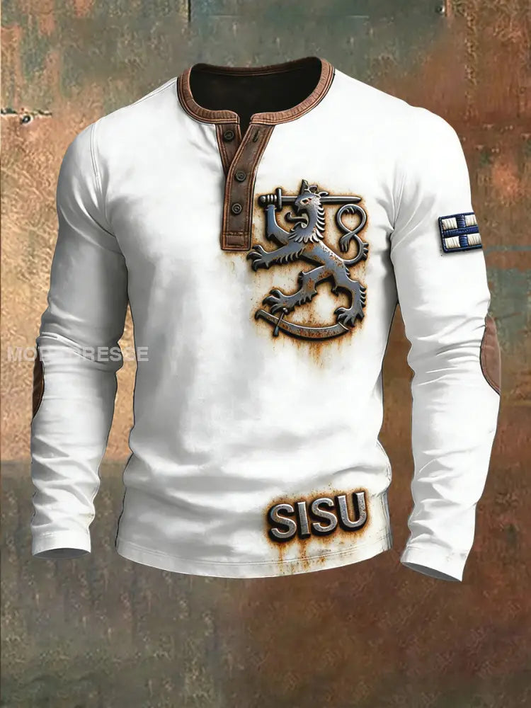 Miesten suomalainen SISU Tulosta Valkoinen Henley Sweatshirt valkoinen / S