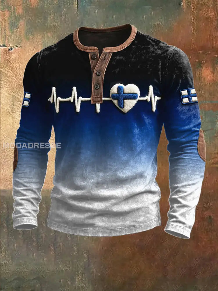 Miesten suomalainen sydämen lyö Gradient Print Patchwork Henley Sweatshirt moniväri / S