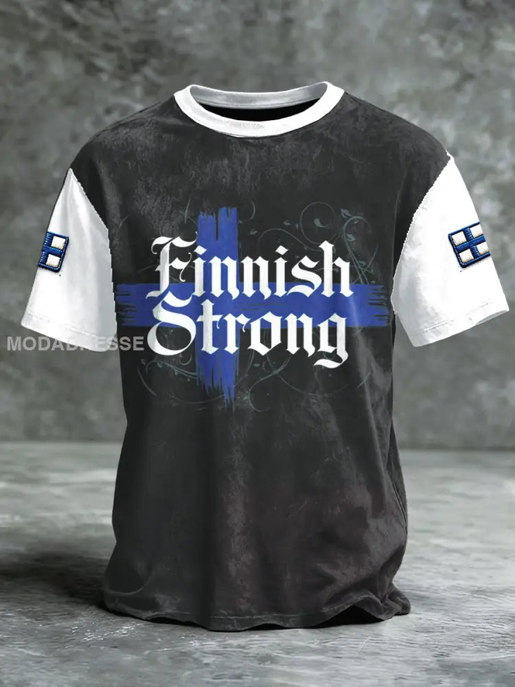 Miesten suomalainen voimakas muotoilu Painettu patchwork T-paito musta / S