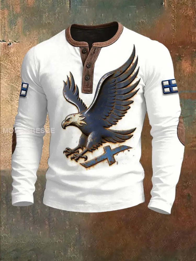 Miesten valkoinen suomalainen kotka Print Henley kauluslipukkeen valkoinen / S