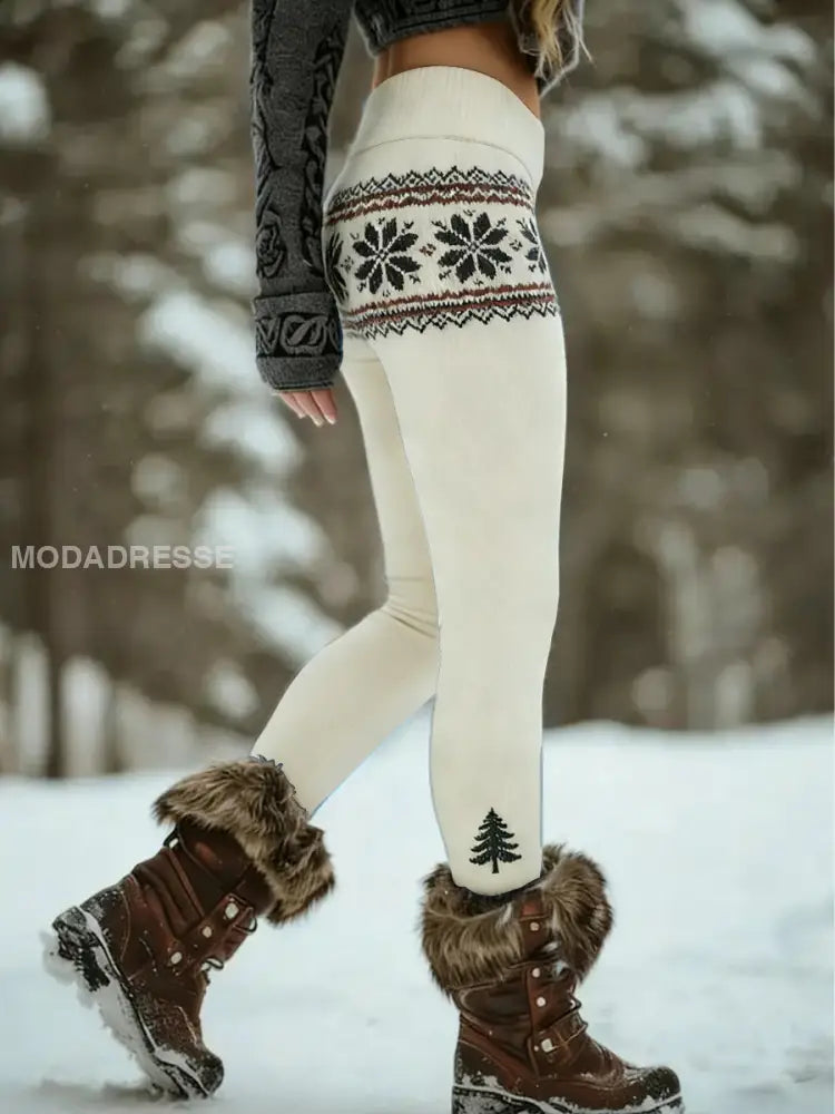 Naisten lämmintä kerma Pohjoismainen Knit vyötärö & Männyn puu Leggings moniväri / S