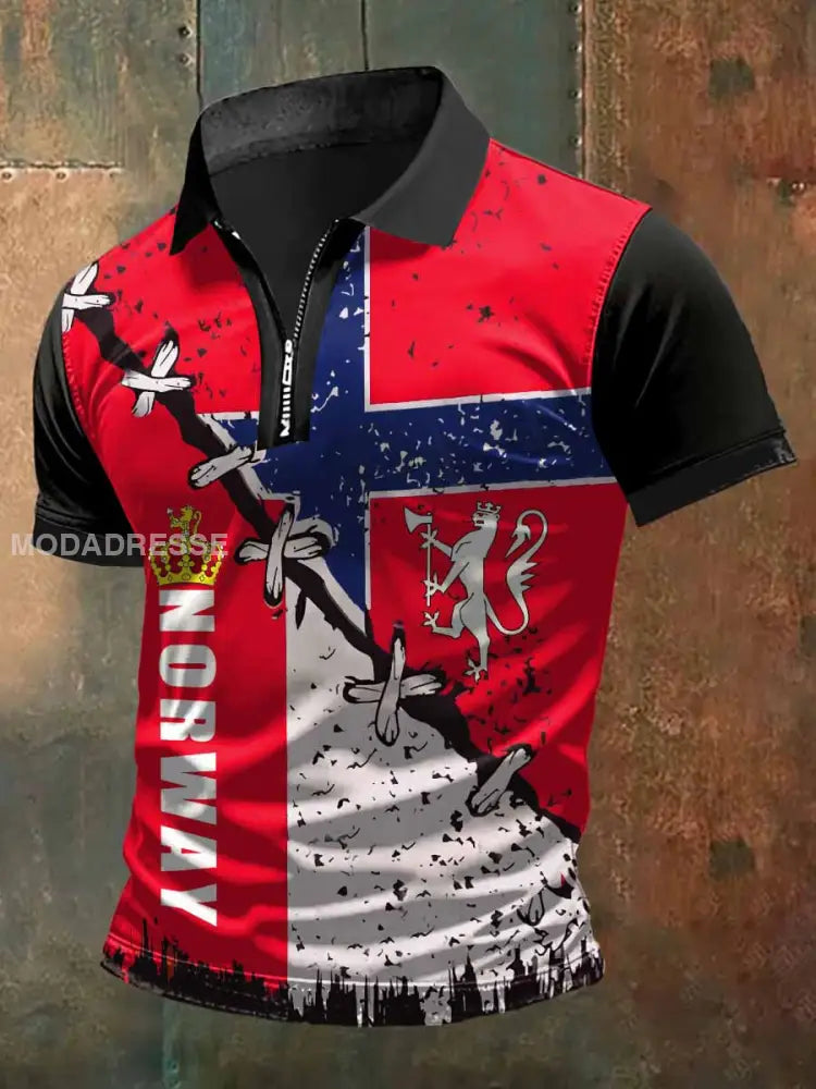 Norgestill Skriv ut zip-opp Polo hals T-shirte S