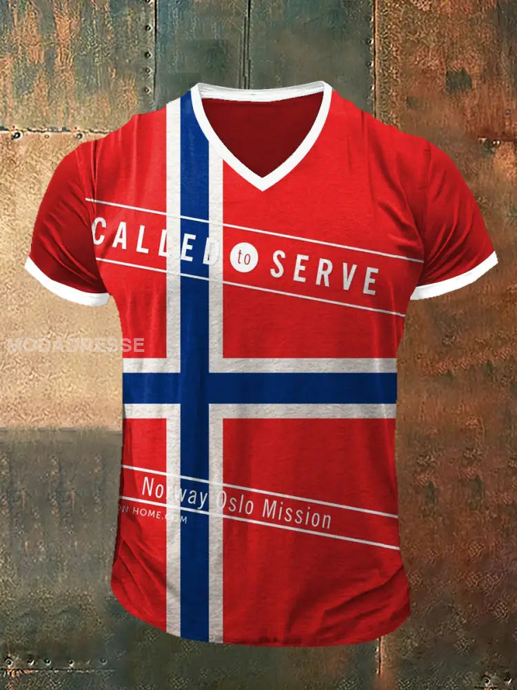 Oslo trykt trykt Vintage Moe Kort erm V-hals T-shirt raud / S