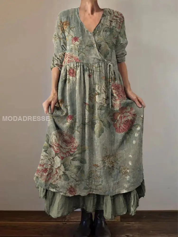 Retro blomsterkunst utskrift Vintage Chic V-halskknapp opp langærme Midi-kjole A / S