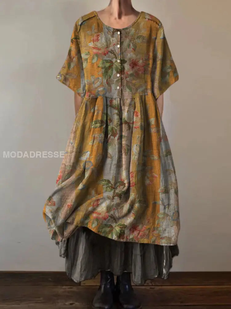 Retro Boho blomsterutskrift Vintage rund halsknapp Kort erme Midi kjole A / S