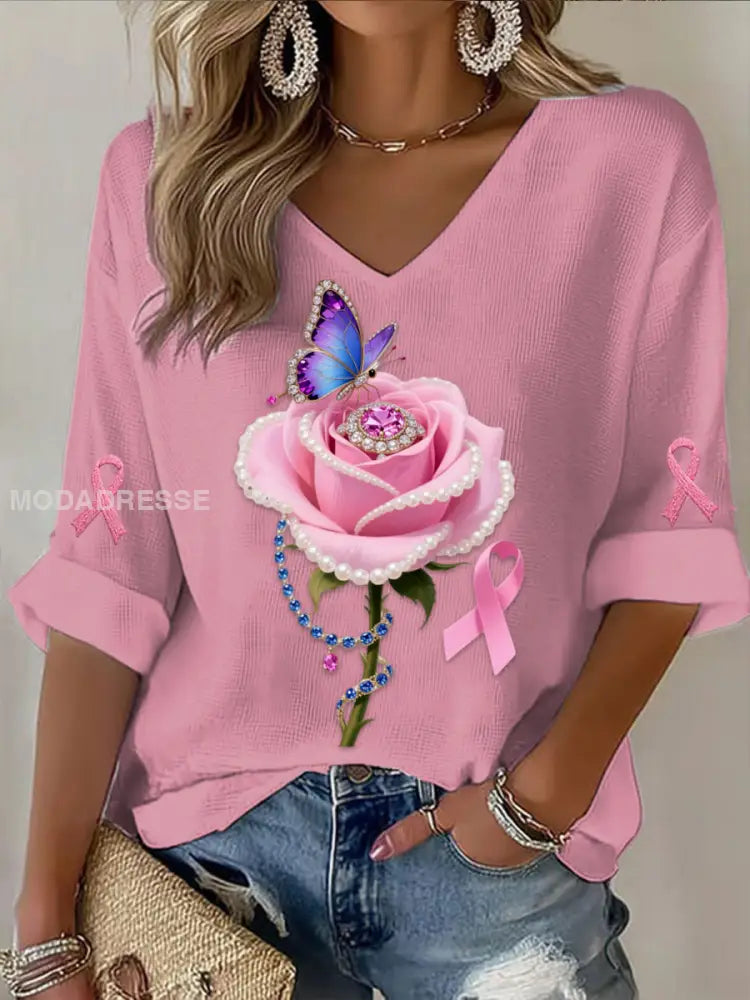 Retro Bröstcancer Pärla Rose Floral Butterfly Abstract Skriv ut Casual Bomull Våffle Lång ärm T shirt runk / S
