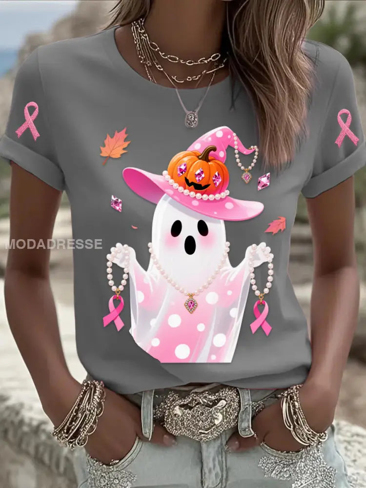 Retro Bröstcancer Pearl Halloween Ghost Print Bekväm Casual Cotton Short T shirt grå / S