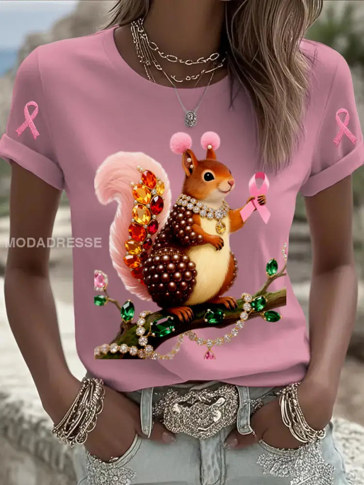 Retro Bröstcancer Pearl smycken ekorre Skriv ut bekväm Casual Cotton Short T shirt vitt / S