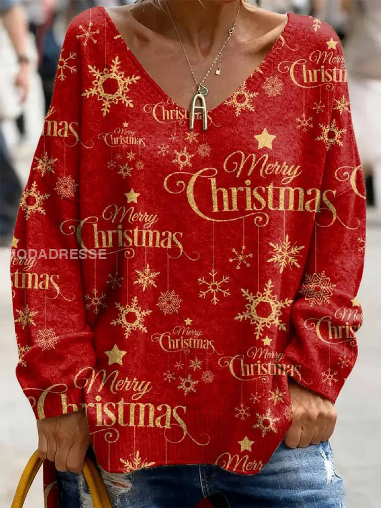 Retro Christmas Print Casual Lång ärm topp som bild / S