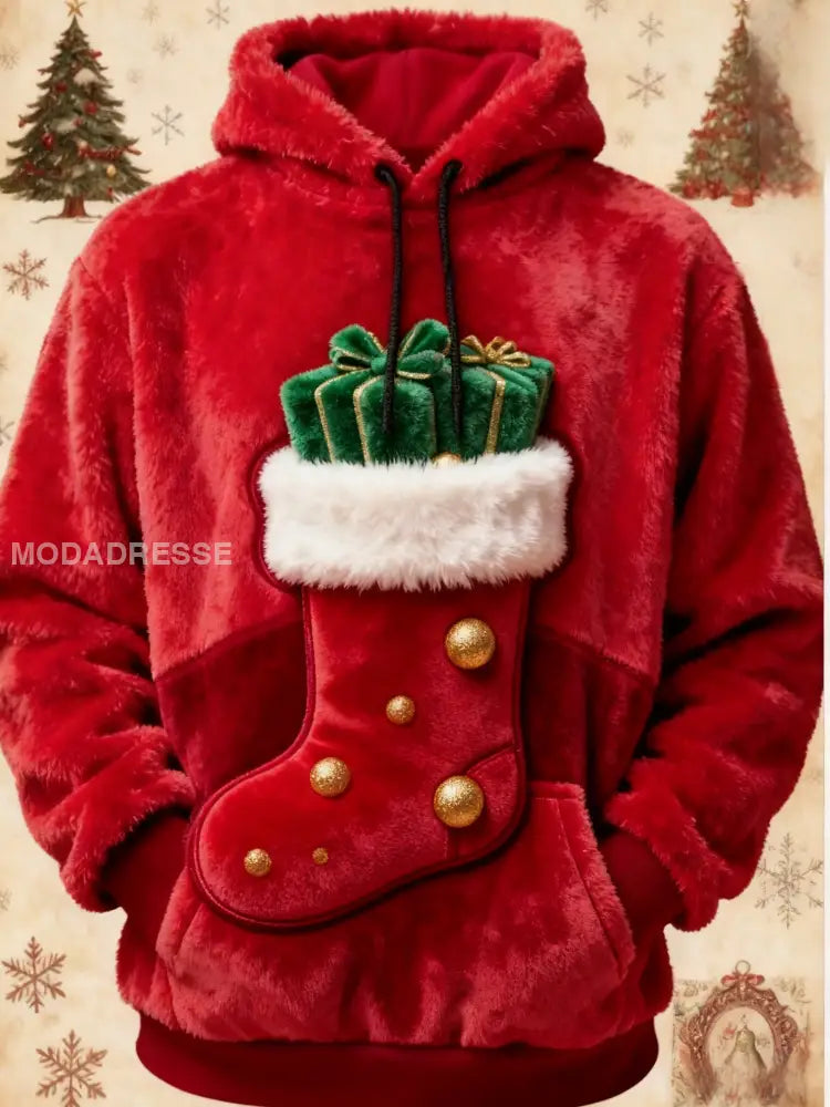 Retro Christmas Stocking Gåvor Skriv ut Fleece Pocket Hooded Sweatshirt röd / S