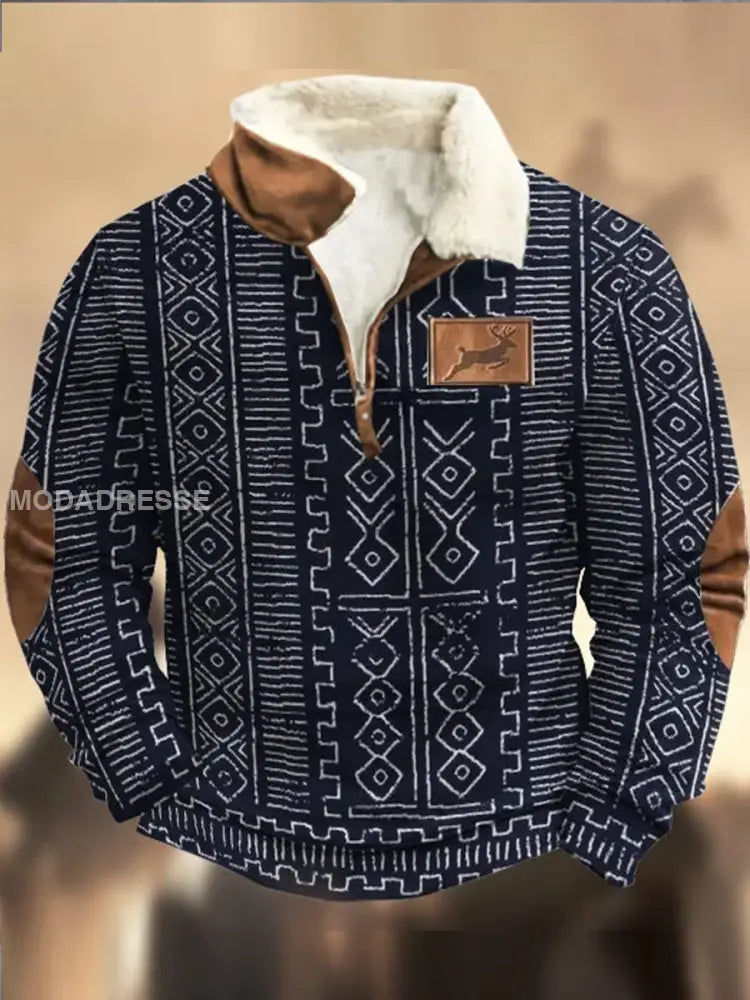 Retro Cowboy teksturmønster trykt Western Furry Lapel Zipper V-Hacks utendørs tykk sweatshirt A / S