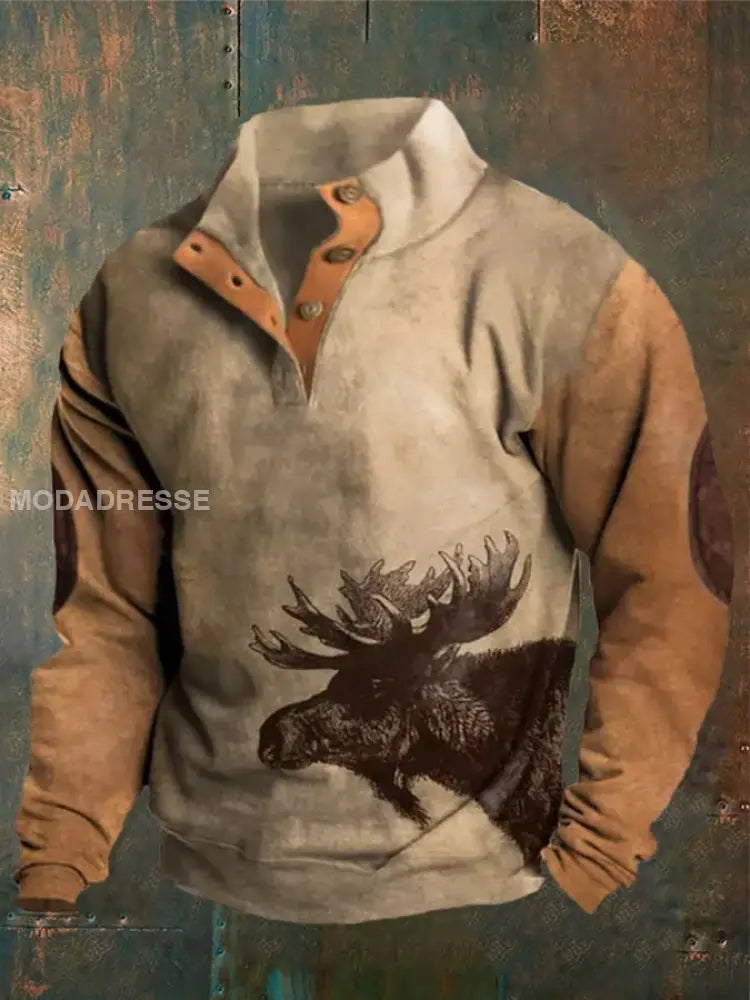 Retro-genser for menn med fargeblokk og elgmotiv med ståkrage og knapp i krage Bestseller