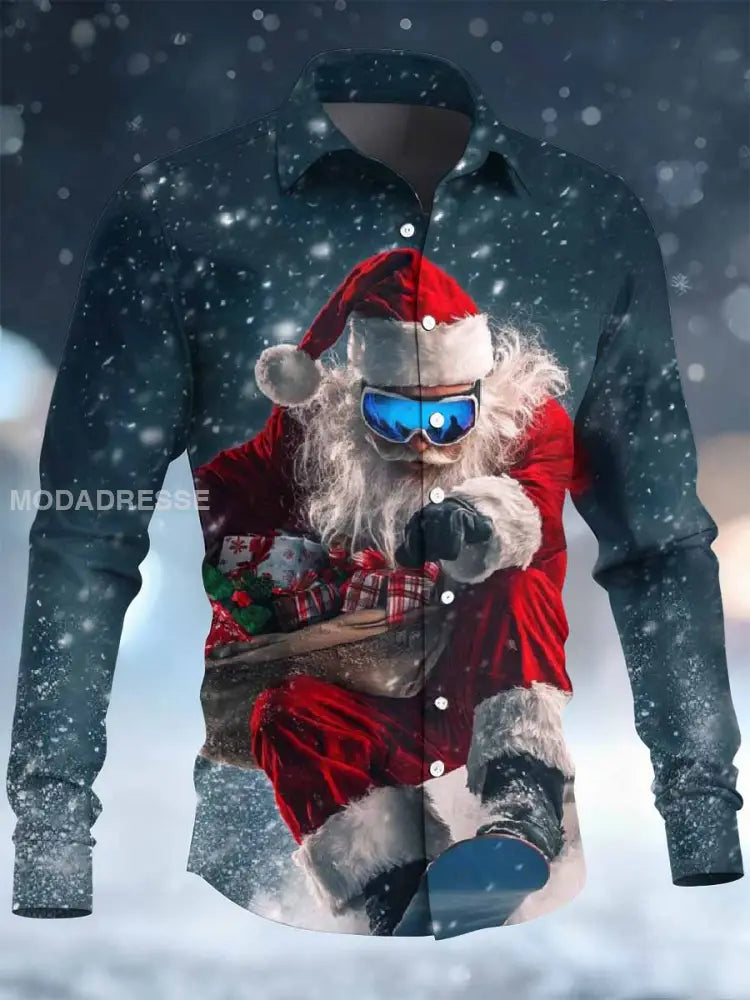 Retro Rock Christmas Santa Print Casual Långa ärmad skjorta som bild / S