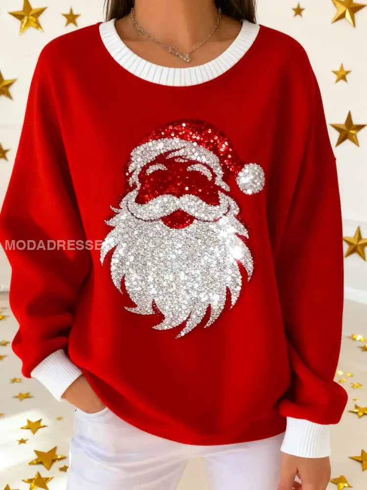 Retro Santa Claus paljetter Loose Långärmad Sweatshirt röd / S