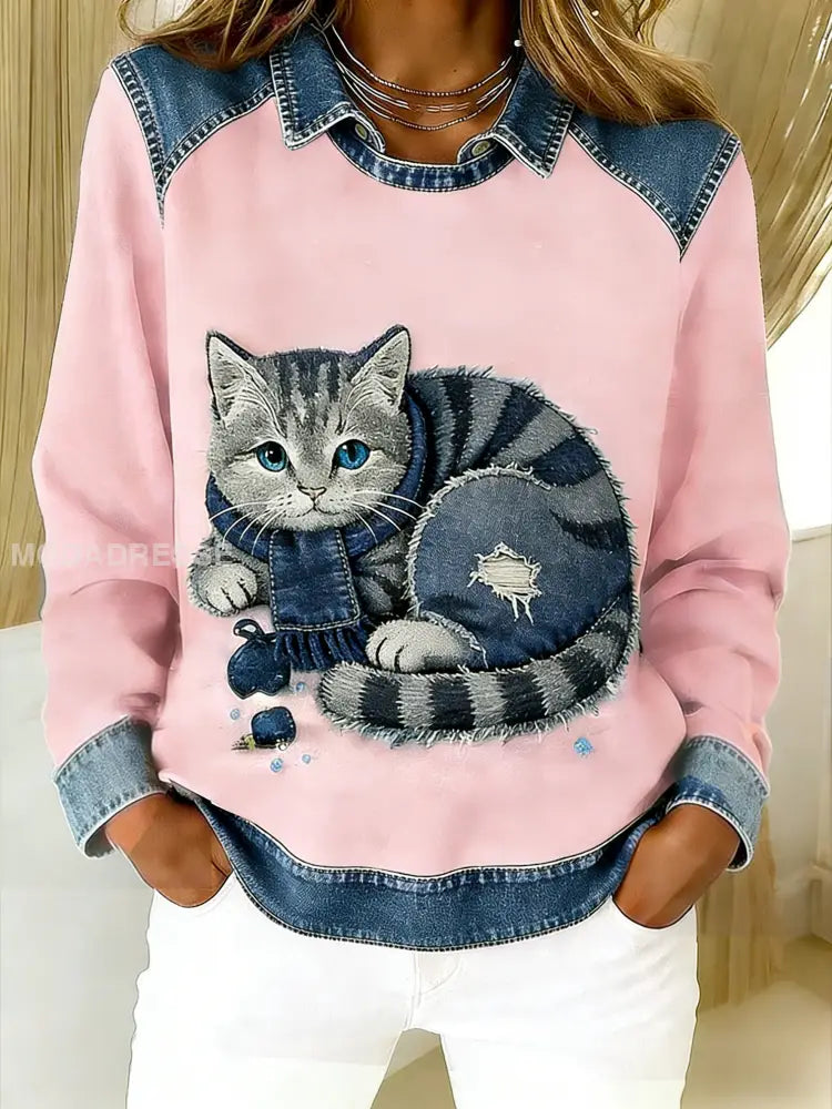 Retro söt katt Denim Scarf patchwork tryckt Casual Loose Lång ärm Lapel Sweatshirt ljusrosa / S