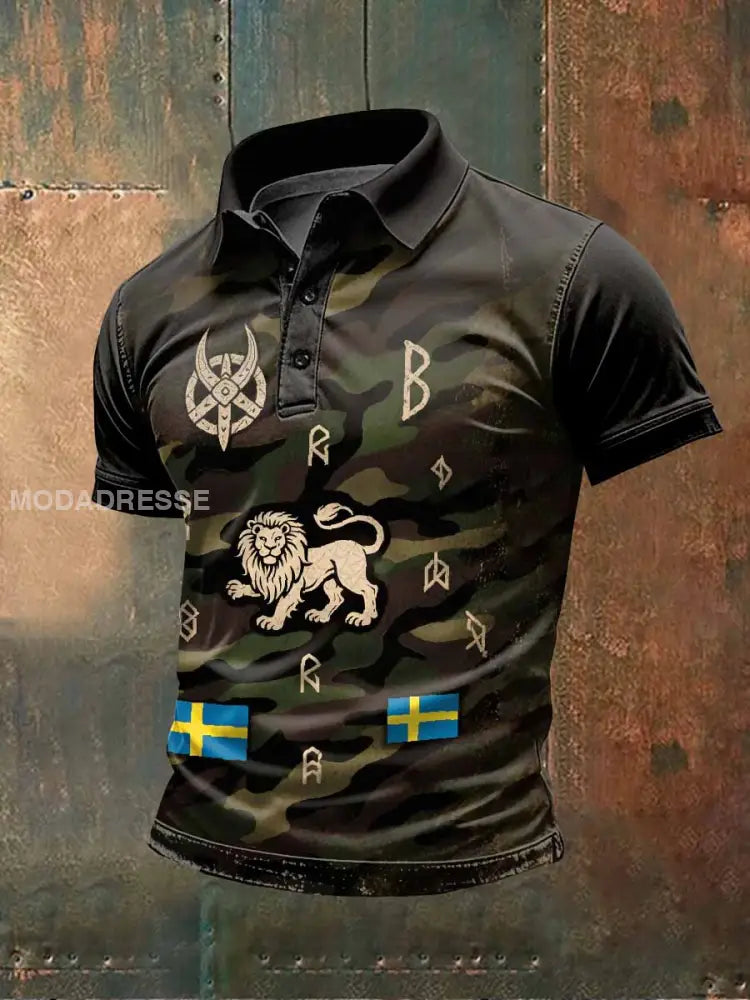 Retro Svensk Viking Camouflage Skriv ut Casual Pikétröja För Män som bild / S