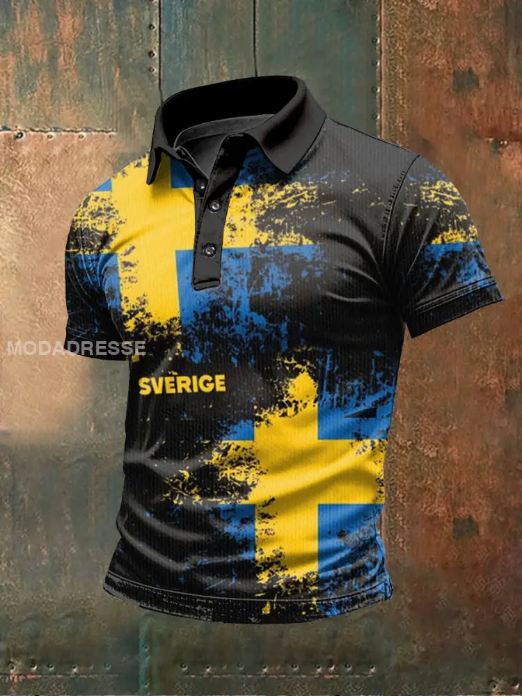 Retro Svenska flagga Svenska Theed Print Casual POLO Skjorta som bild / S