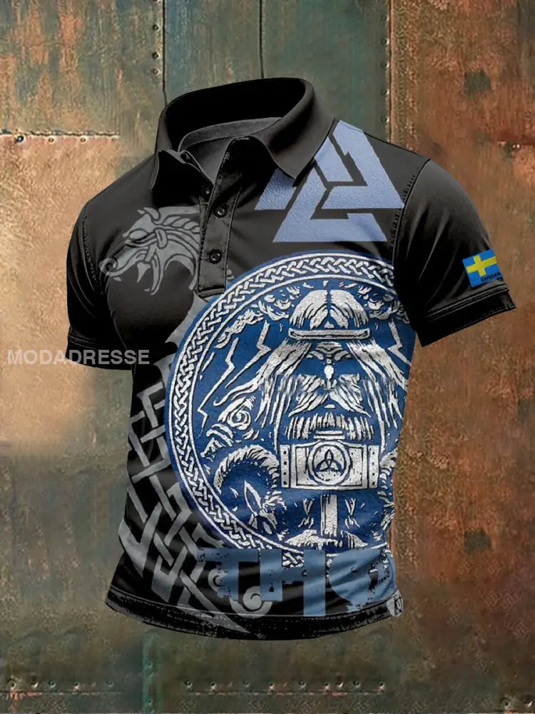 Retro Svenska Viking Print Casual Polo tröj som bild / M