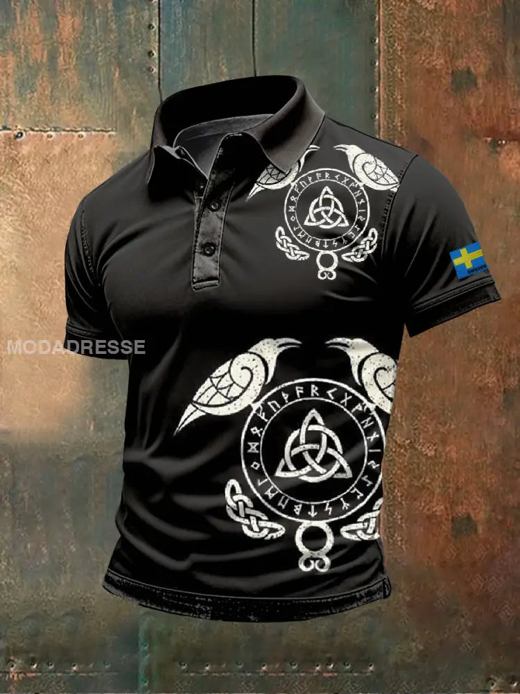 Retro Svenska Vikingtema Print Casual Polo Skjorta som bild / S