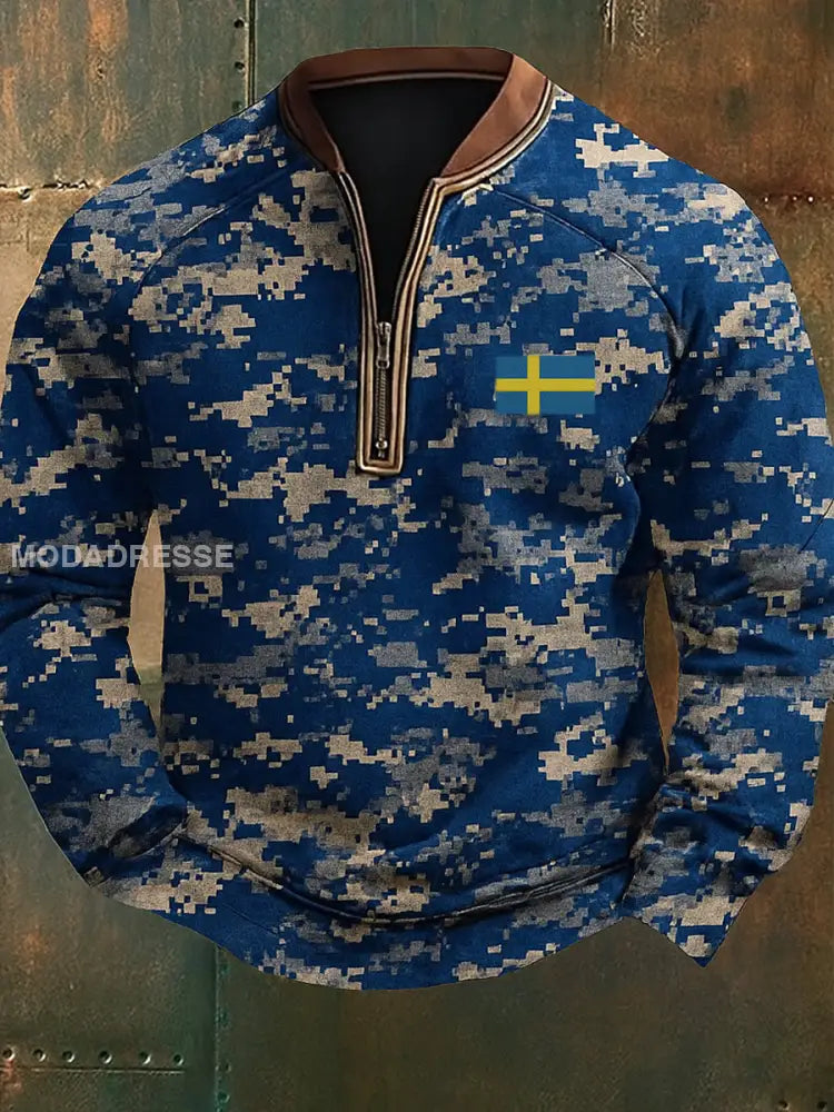 Retro Sverige Flag Camo tryckt VintageTextur V-Hack stand krage blixtlåslå lång ärm sväp A / S