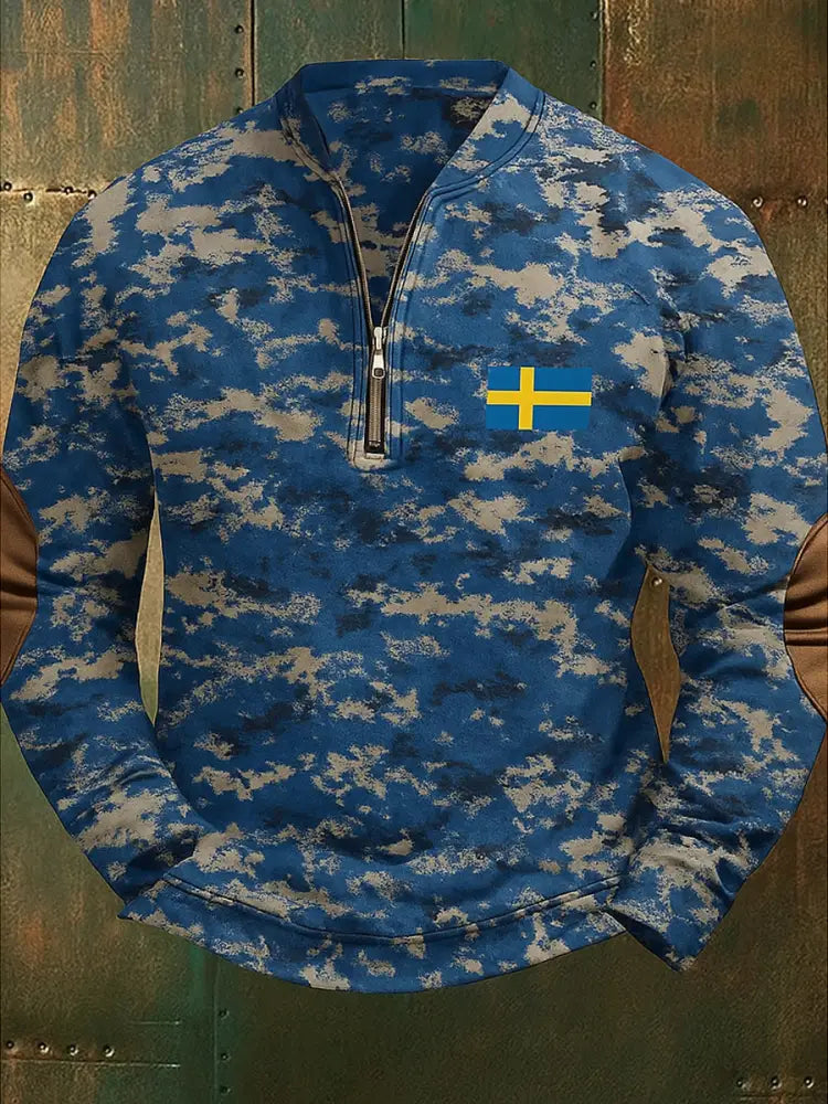 Retro Sverige Flag Camo tryckt VintageTextur V-Hack stand krage blixtlåslå lång ärm sväp A / S