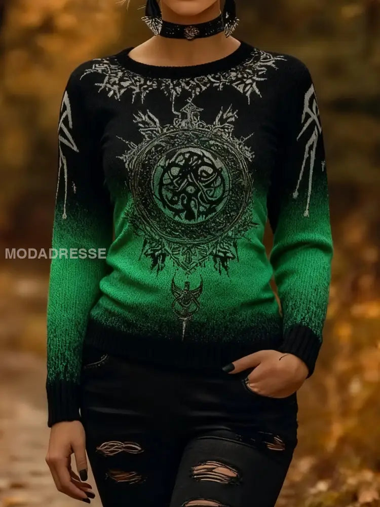 Retro Viking keltiska knop Runor Gradient Skriv ut långärms tröjar grönt / S