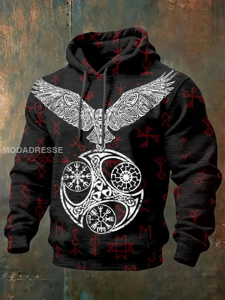 Retro Viking Print Casual Hooded Sweatshirt som bild / S