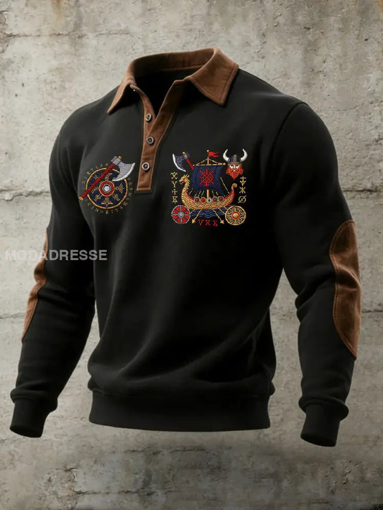 Retro Viking Print Casual Polo tröj som bild / S