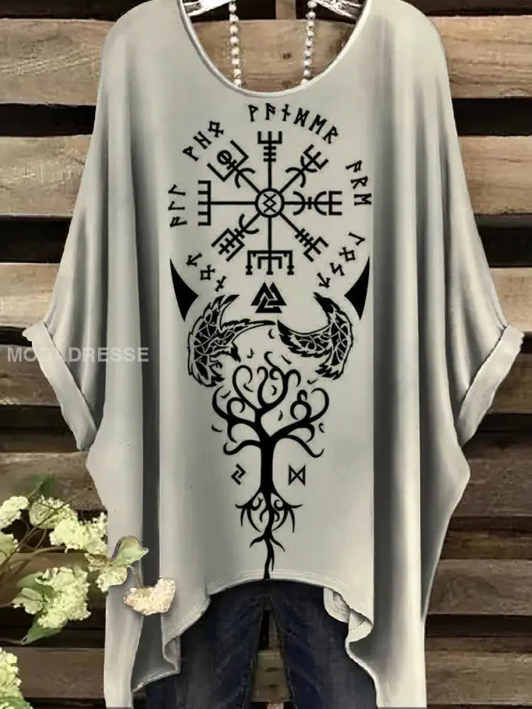 Retro Viking Print Casual Topp För Kvinnor. som bild / S