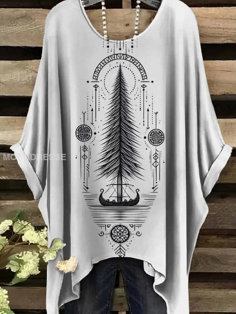 Retro Viking Print Casual Topp För Kvinnor. som bild / S