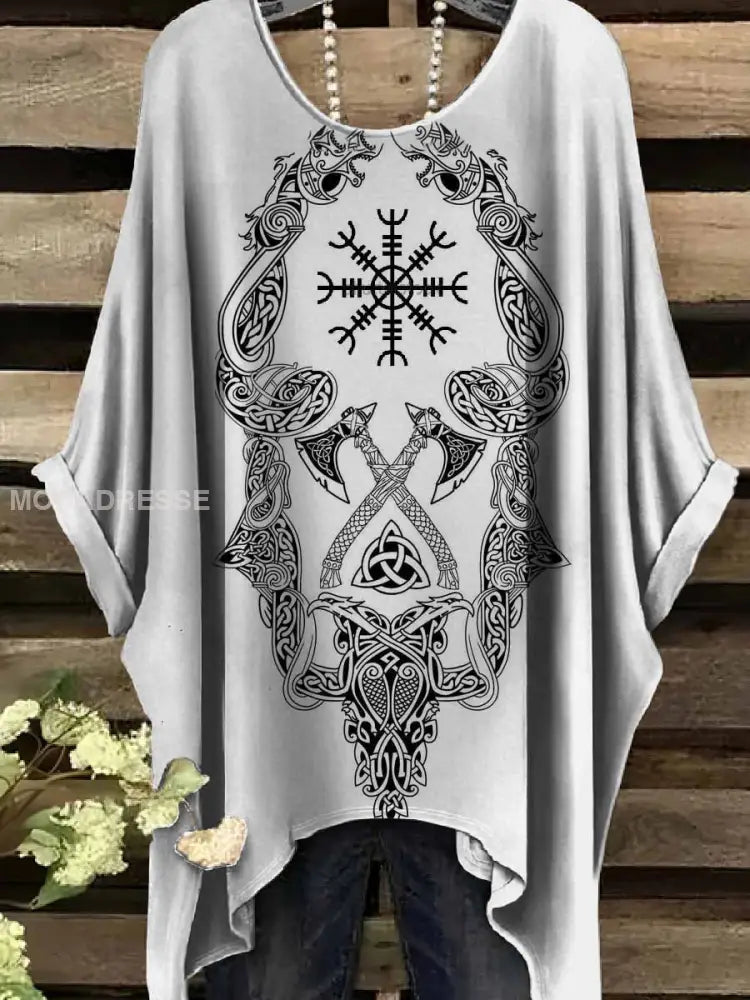 Retro Viking Print Casual Topp För Kvinnor. som bild / S
