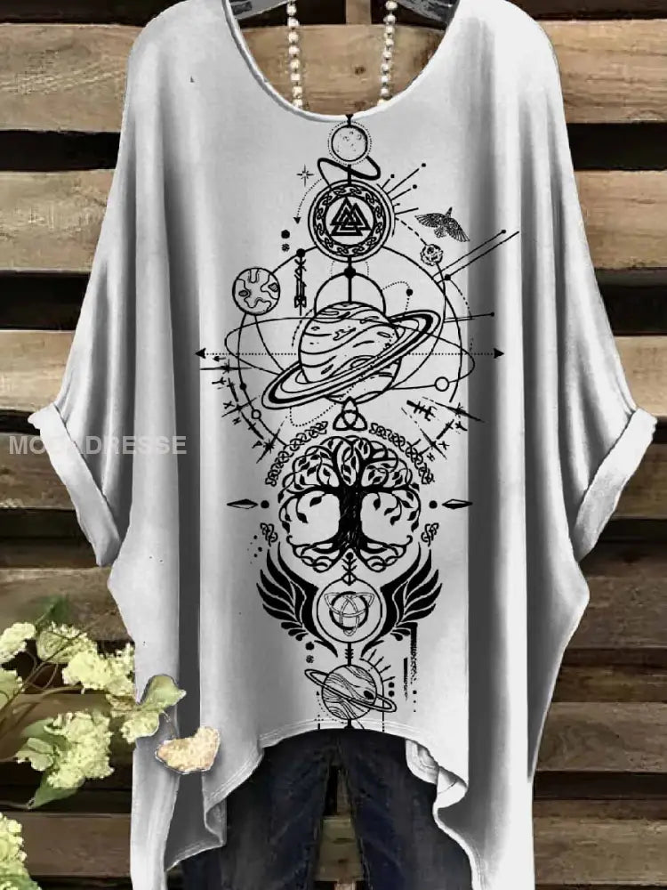 Retro Viking Print Casual Topp För Kvinnor. som bild / S