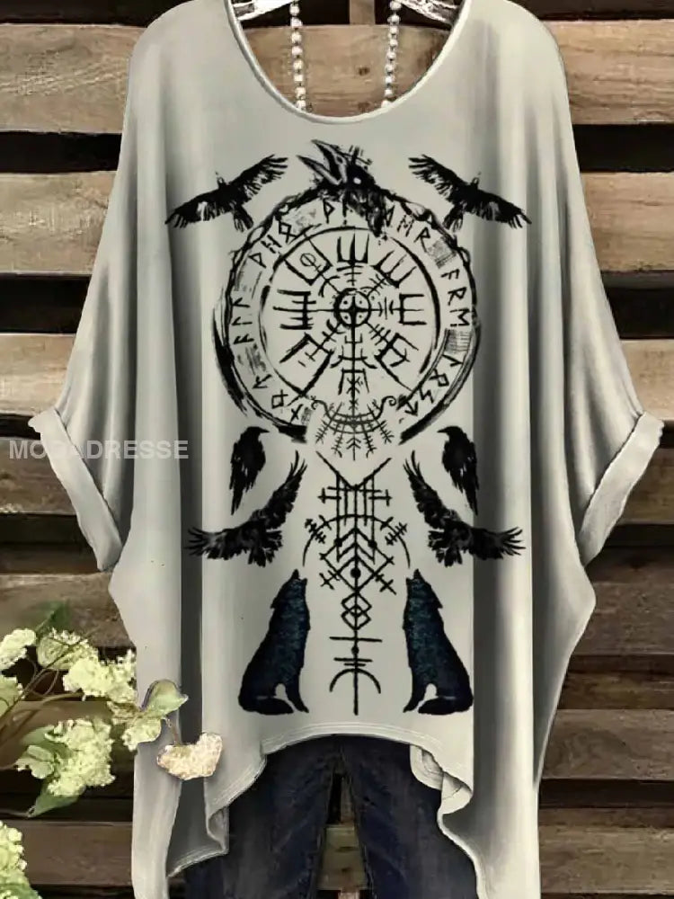 Retro Viking Print Casual Topp För Kvinnor. som bild / S