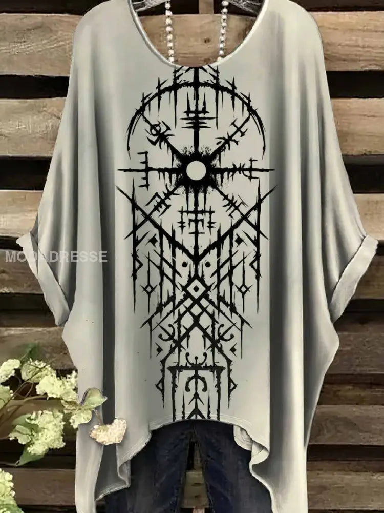 Retro Viking Print Casual Topp För Kvinnor. som bild / S
