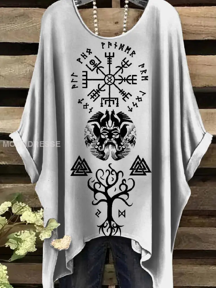 Retro Viking Print Casual Topp För Kvinnor. som bild / S