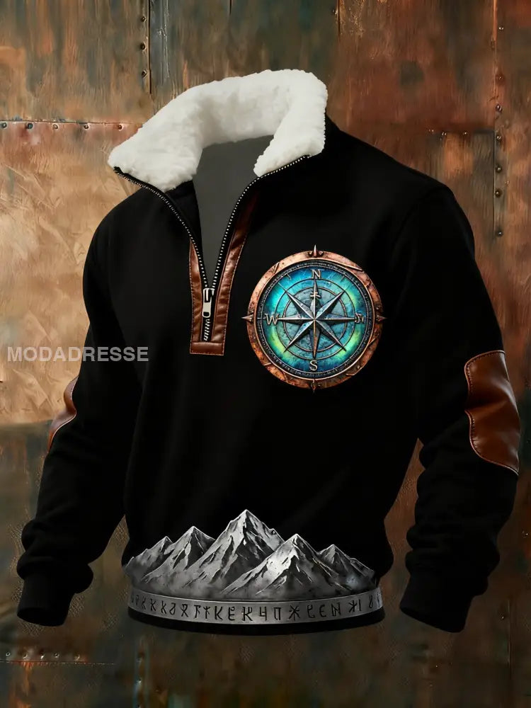 Retro Viking Rune Glacier Skriv ut Baggy Zip-up sweathirt svart / S