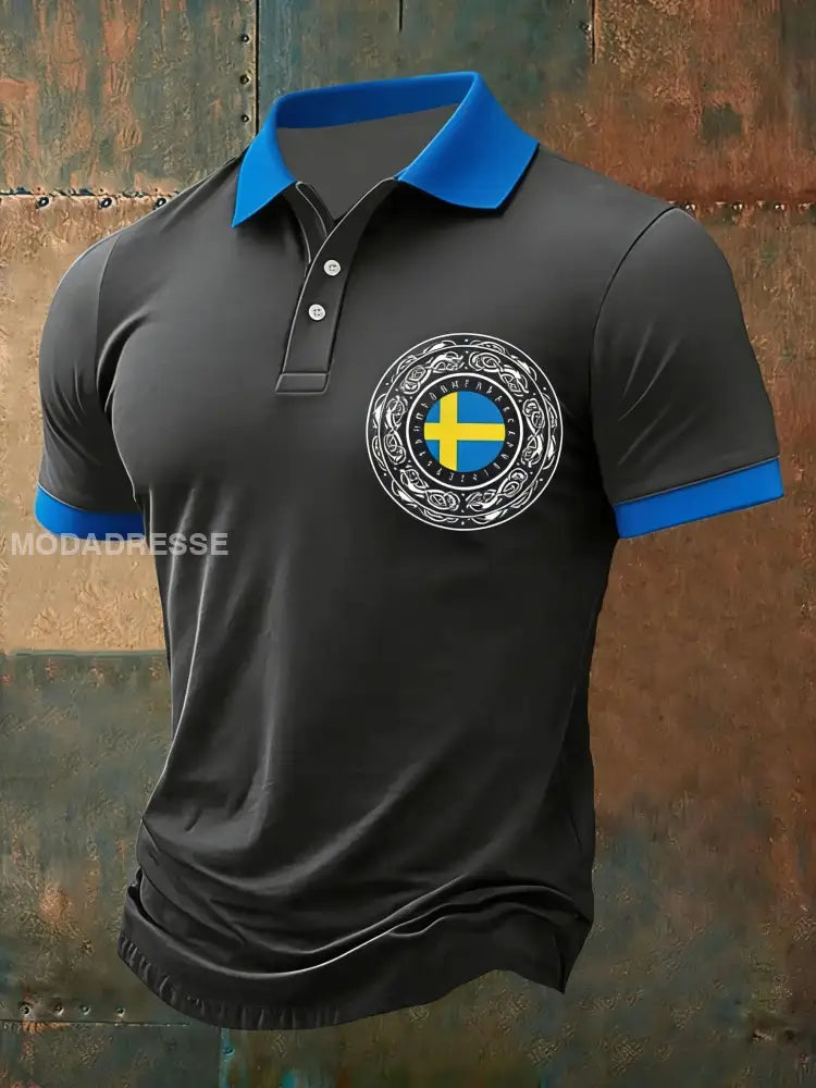 Retro Viking Svenska militära lappverk Tryckt Casual bomull Kort ärm Polo tröj grå / S